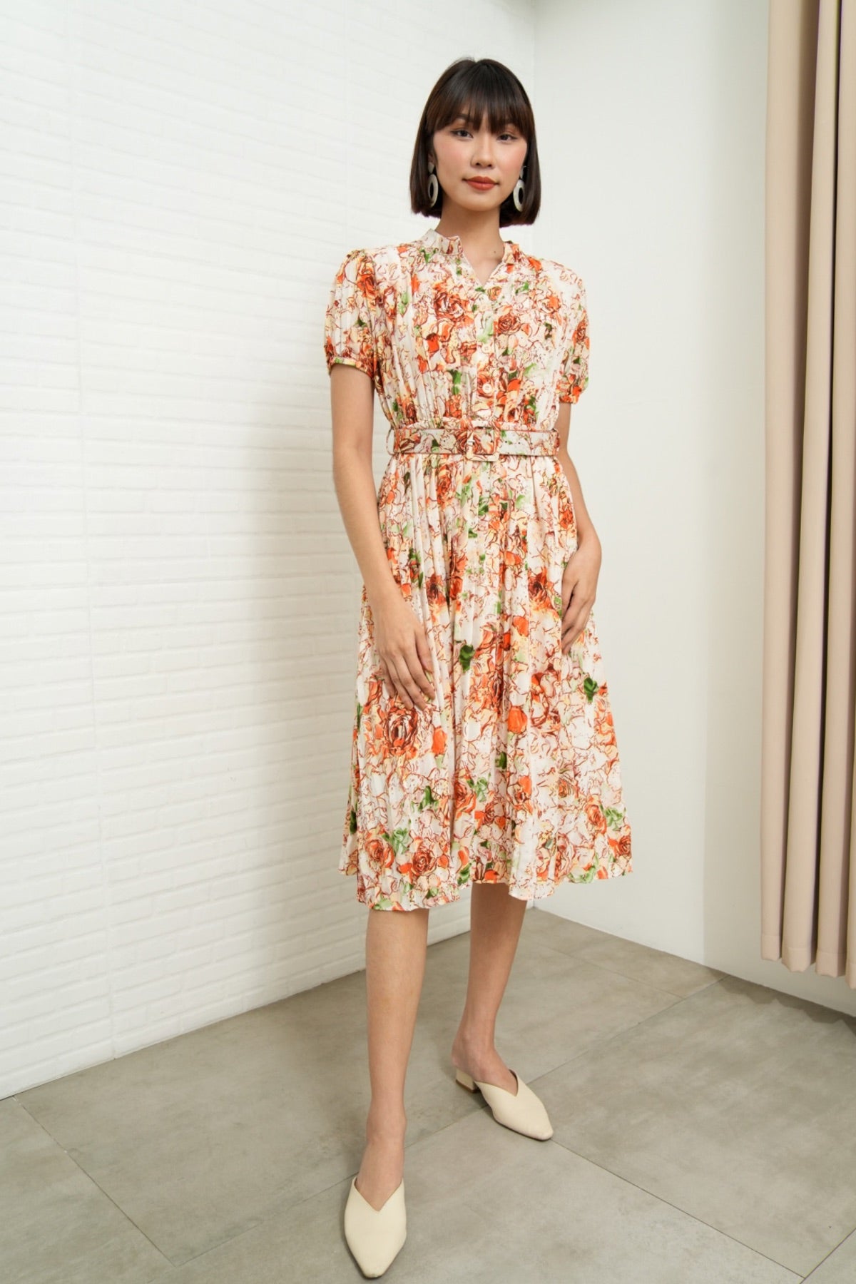 AGNES Belted Pleated Floral Dress