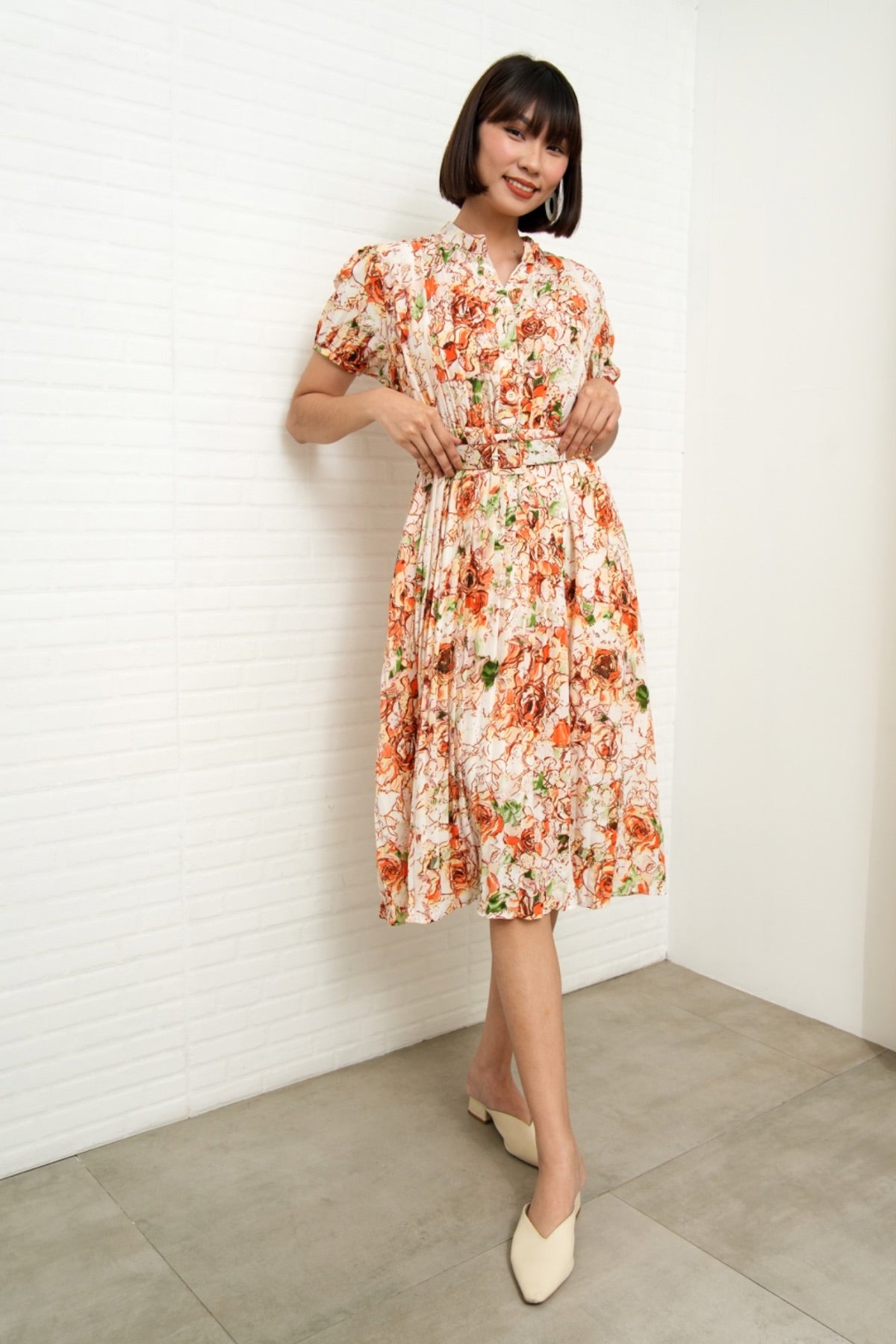AGNES Belted Pleated Floral Dress