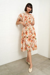AGNES Belted Pleated Floral Dress