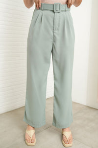 SASKIA Belted High-Waist Tailored Trousers (Sage Green)