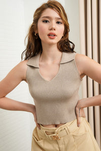 GIGI Sleeveless Collared Rib-Knit Top (Light Taupe Brown)