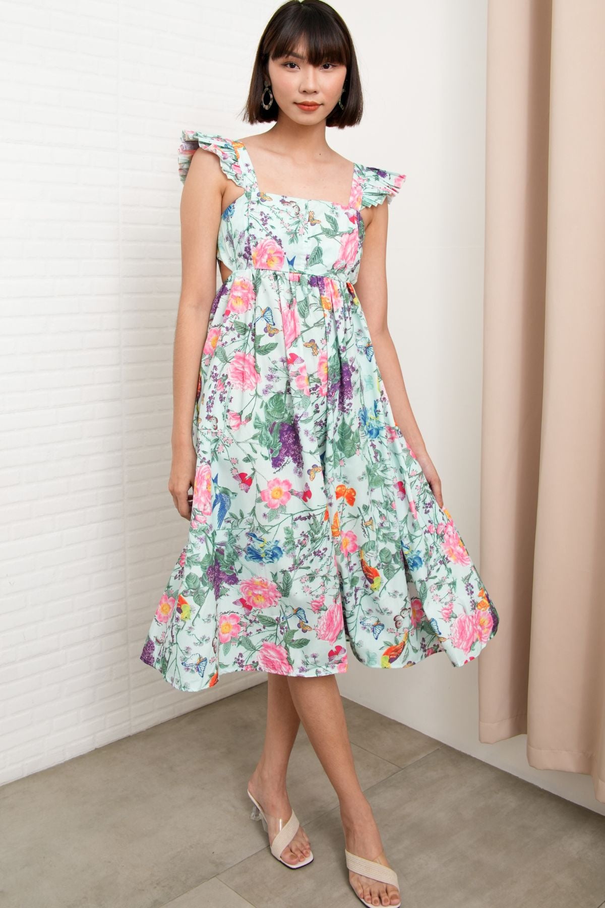 BEATRICE Flutter-Sleeve Midi Dress (Garden)