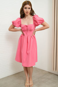 ODESSA Puff-Sleeve Padded Dress (Flamingo Pink)