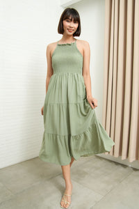 RAMONA Smocked Halter Criss-cross Back Dress (Sage Green)
