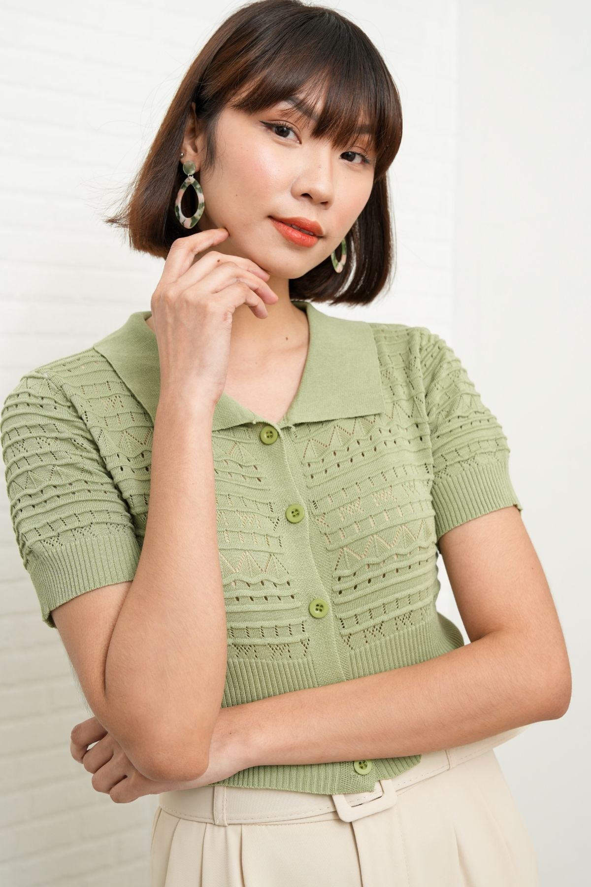 MARYAM Textured Knit Crop Shirt (Sage Green)