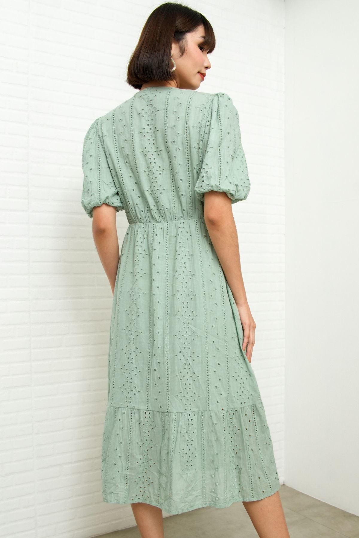 JURIA Puff-Sleeve Button-Down Broderie Dress (Sage Green)
