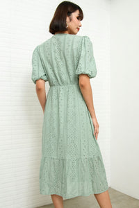 JURIA Puff-Sleeve Button-Down Broderie Dress (Sage Green)