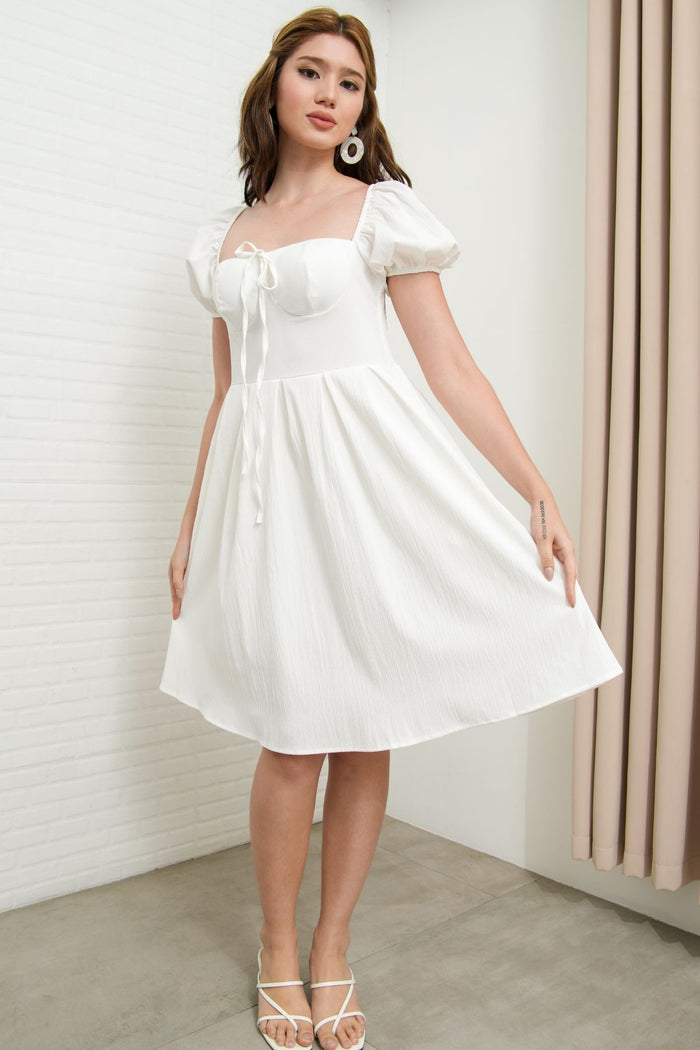 ODESSA Puff-Sleeve Padded Dress (White)