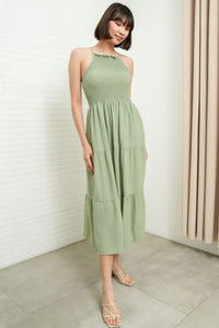 RAMONA Smocked Halter Criss-cross Back Dress (Sage Green)