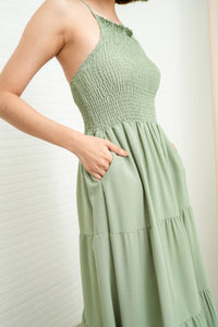 RAMONA Smocked Halter Criss-cross Back Dress (Sage Green)