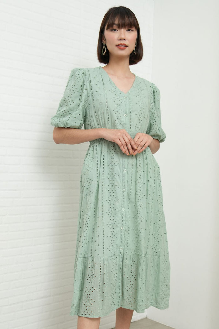 JURIA Puff-Sleeve Button-Down Broderie Dress (Sage Green)