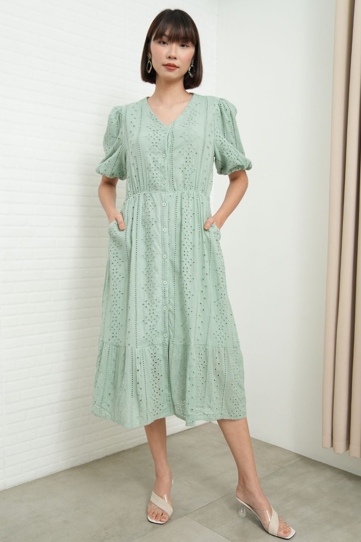 JURIA Puff-Sleeve Button-Down Broderie Dress (Sage Green)