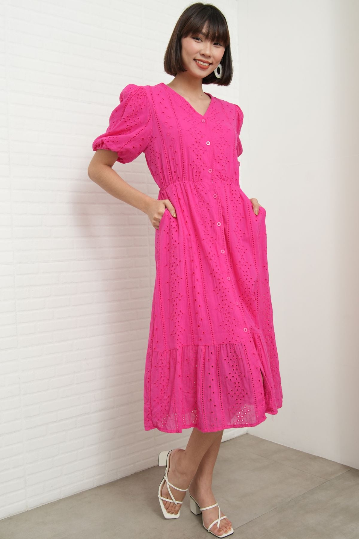 JURIA Puff-Sleeve Button-Down Broderie Dress (Magenta Pink)
