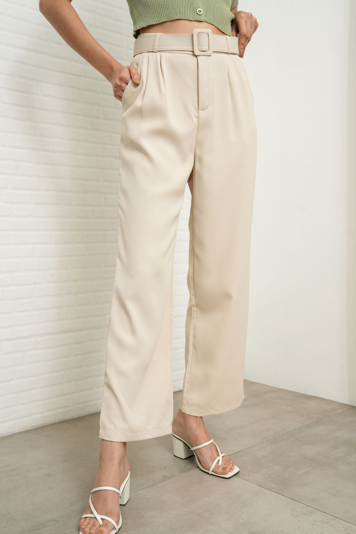 SASKIA Belted High-Waist Tailored Trousers (Bone White)