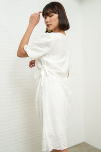 EMMELINE Puff-Sleeve Cut-out Broderie Midi Dress (White)