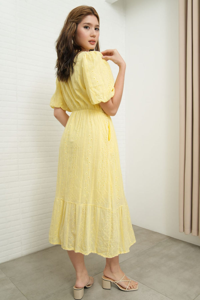 JURIA Puff-Sleeve Button-Down Broderie Dress (Pastel Yellow)