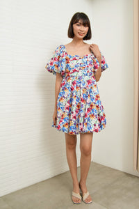 ANYA Pleated Puff-Sleeve Floral Dress (Blue Violet)