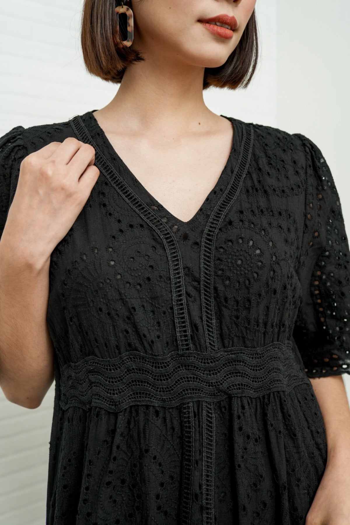 CERYS V-Neck Flutter-Sleeve Eyelet Dress (Black)