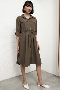 ZOYA Long-Sleeve Buttondown Shirt Dress (Olive Brown)