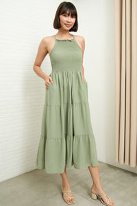 RAMONA Smocked Halter Criss-cross Back Dress (Sage Green)