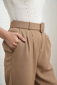 SASKIA Belted High-Waist Tailored Trousers (Latte Brown)