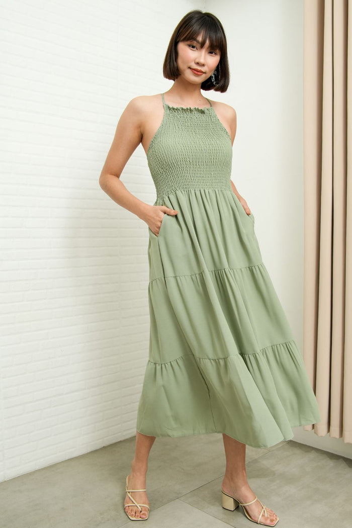 RAMONA Smocked Halter Criss-cross Back Dress (Sage Green)