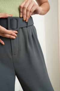 SASKIA Belted High-Waist Tailored Trousers (Steel Gray)