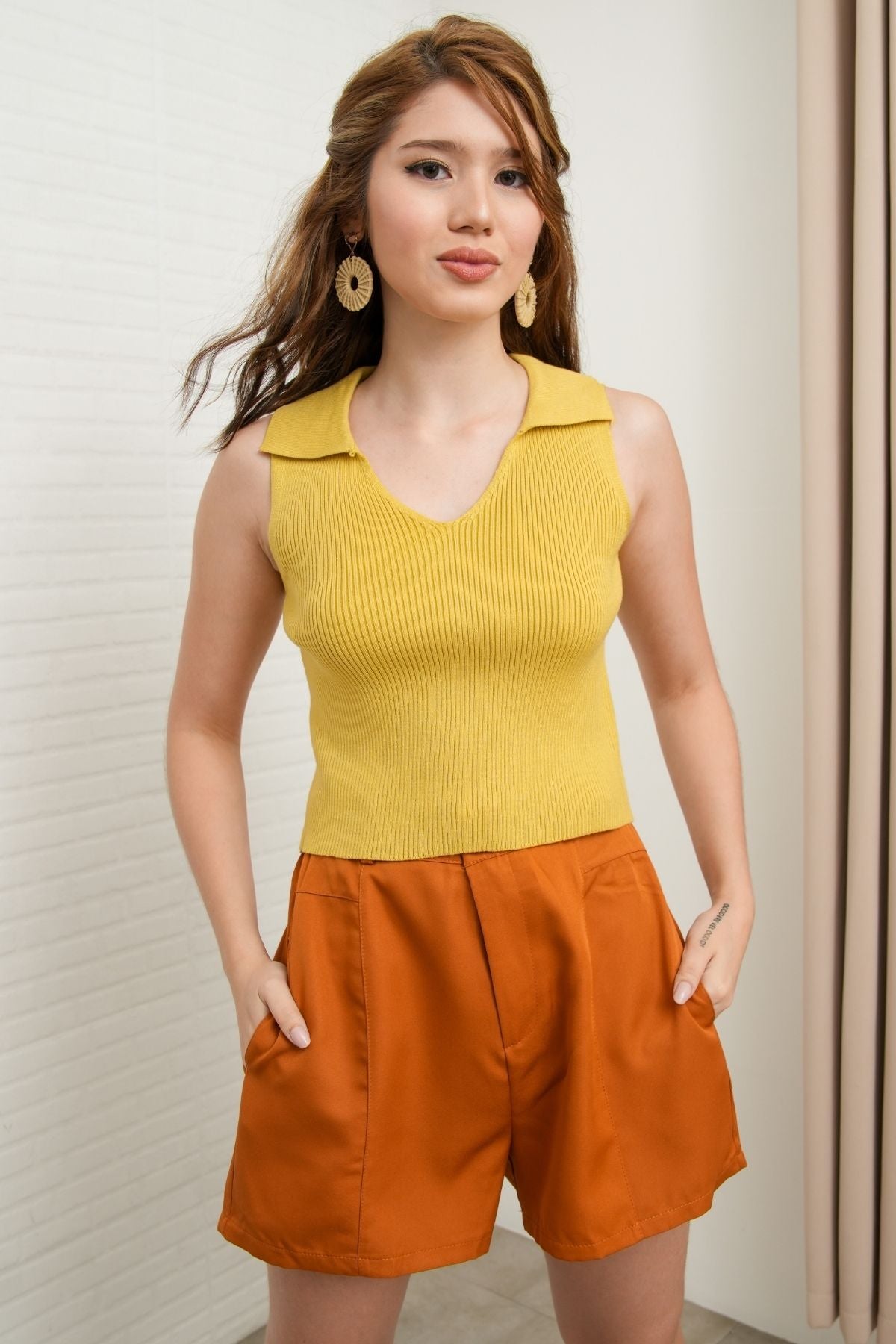 GIGI Sleeveless Collared Rib-Knit Top (Saffron Yellow)
