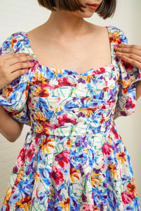 ANYA Pleated Puff-Sleeve Floral Dress (Blue Violet)