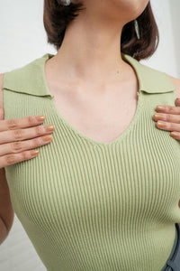 GIGI Sleeveless Collared Rib-Knit Top (Pistachio Green)