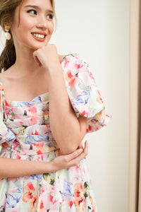 ANYA Pleated Puff-Sleeve Floral Dress (Garden)