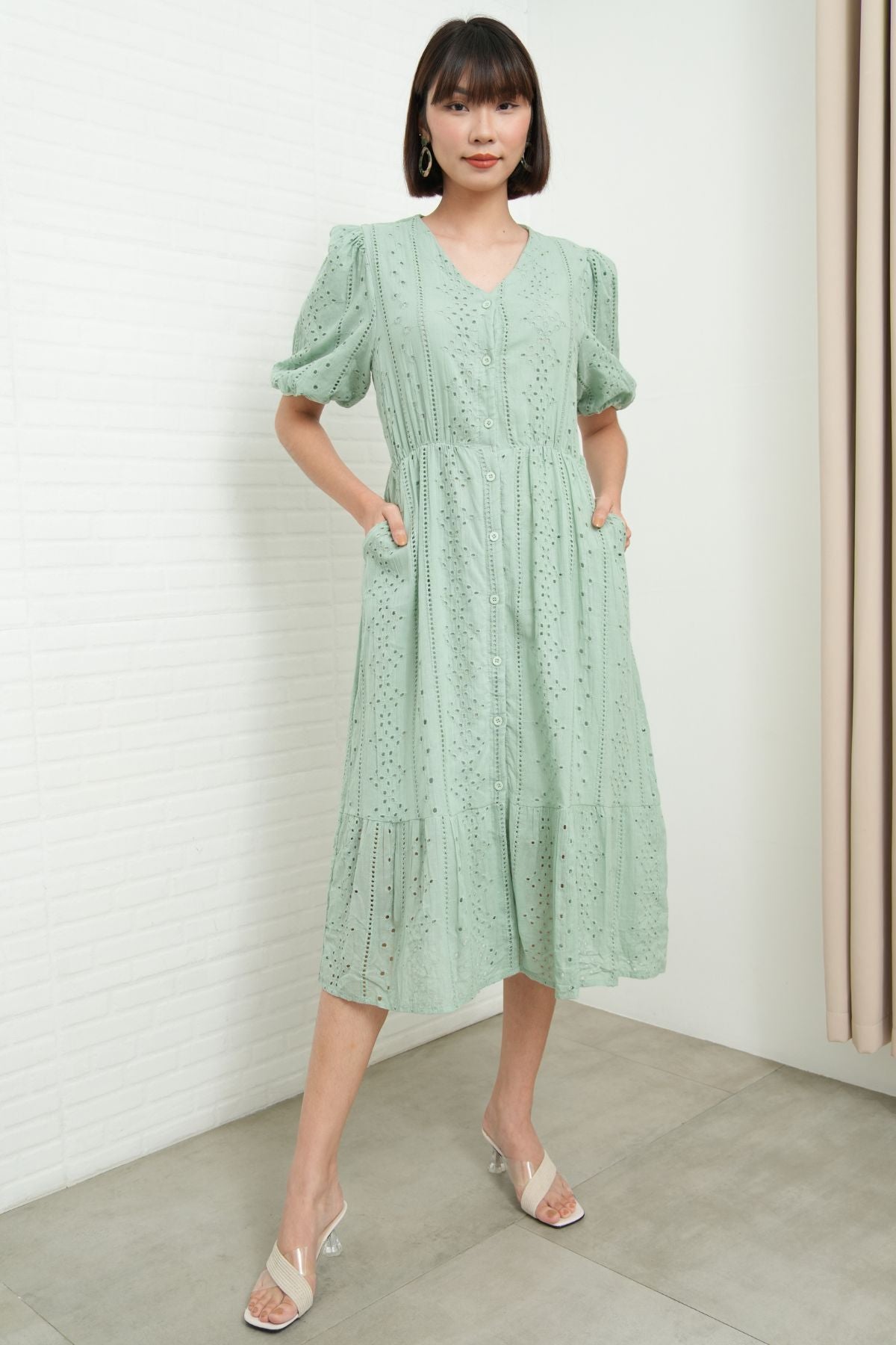 JURIA Puff-Sleeve Button-Down Broderie Dress (Sage Green)
