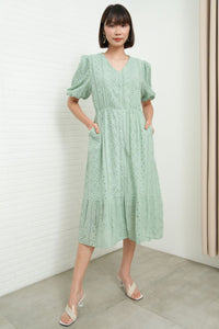 JURIA Puff-Sleeve Button-Down Broderie Dress (Sage Green)