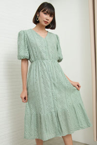 JURIA Puff-Sleeve Button-Down Broderie Dress (Sage Green)