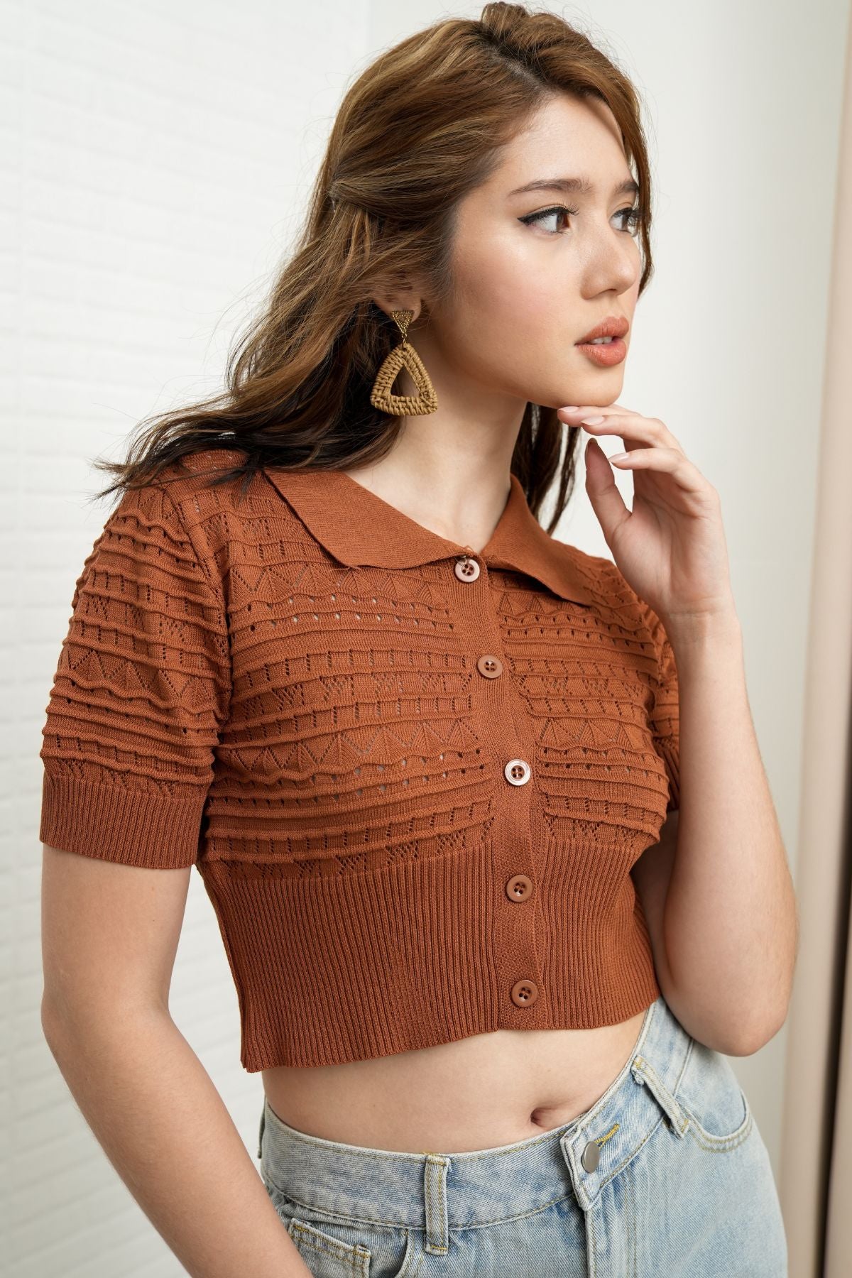 MARYAM Textured Knit Crop Shirt (Russet Brown)