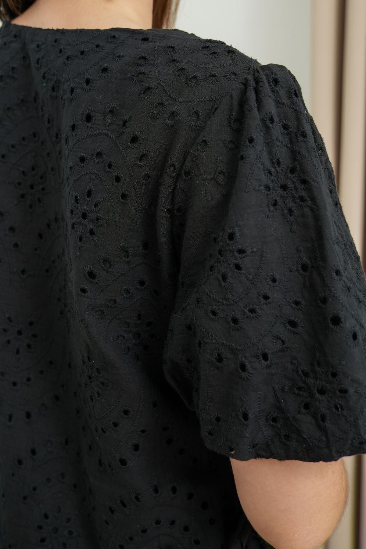 EMMELINE Puff-Sleeve Cut-out Broderie Midi Dress (Black)