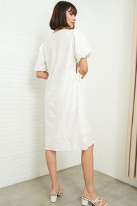 EMMELINE Puff-Sleeve Cut-out Broderie Midi Dress (White)