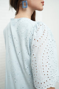 CERYS V-Neck Flutter-Sleeve Eyelet Dress (Powder Blue)