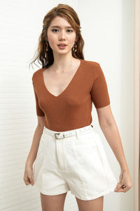 VEDA V-Neck Rib-Knit Top (Russet Brown)