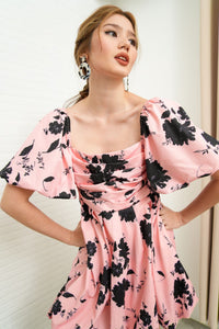 ANYA Pleated Puff-Sleeve Floral Dress (Pink)