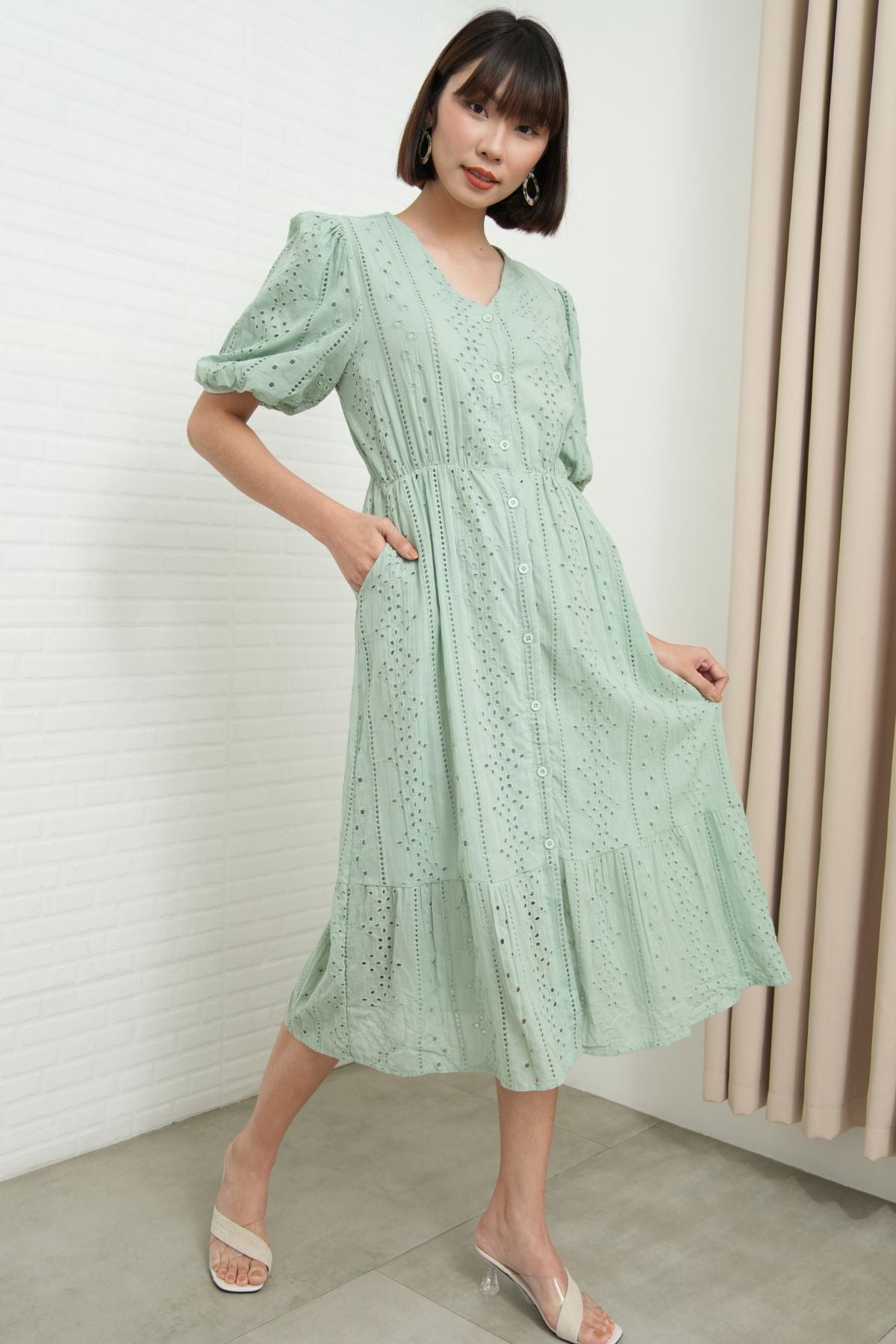 JURIA Puff-Sleeve Button-Down Broderie Dress (Sage Green) 1930 Clothing JURIA Puff-Sleeve Button-Down Broderie Dress (Sage Green) 1930 Clothing