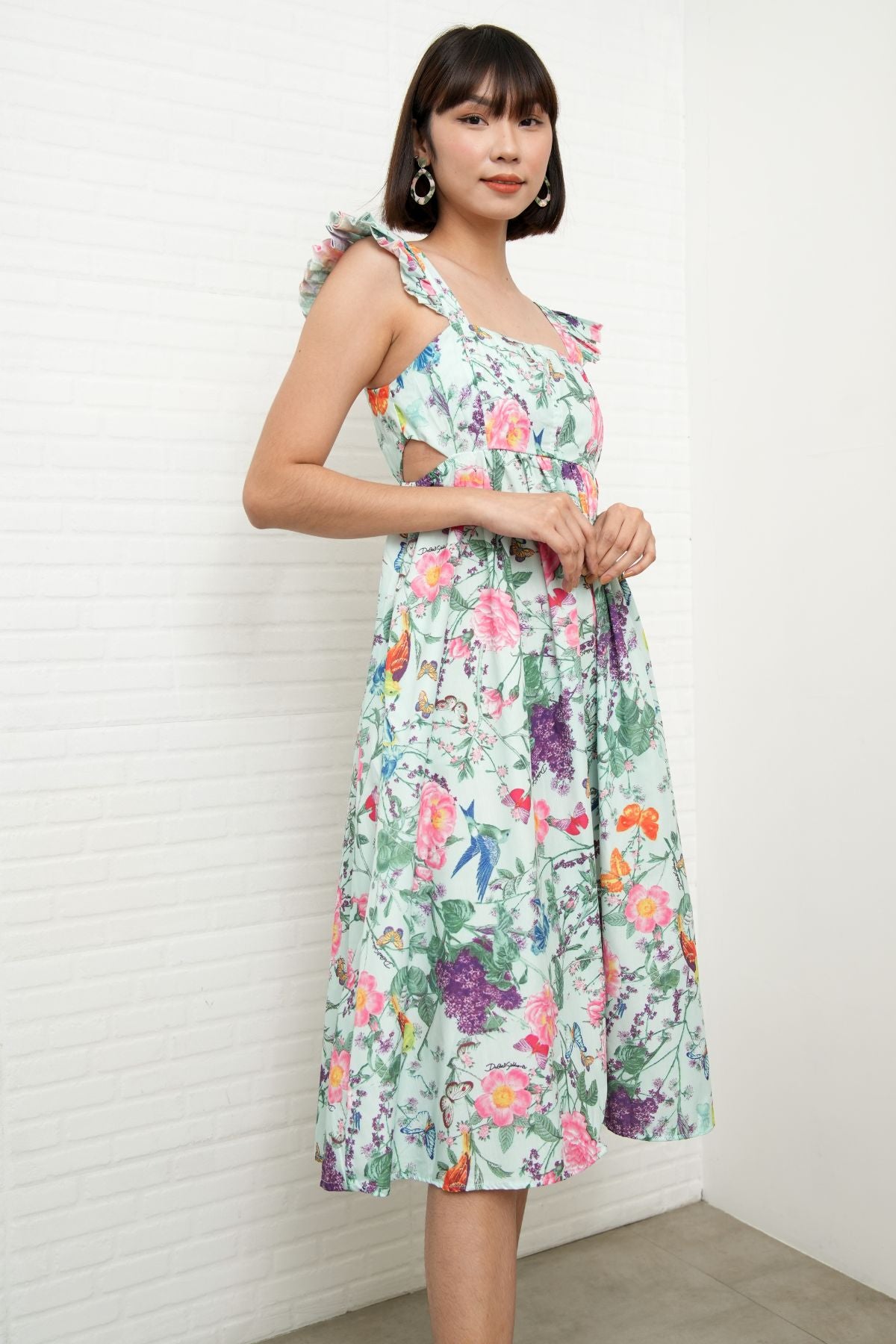 BEATRICE Flutter-Sleeve Midi Dress (Garden)