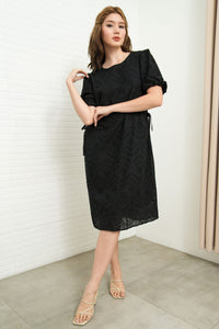 EMMELINE Puff-Sleeve Cut-out Broderie Midi Dress (Black)