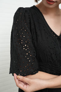 CERYS V-Neck Flutter-Sleeve Eyelet Dress (Black)