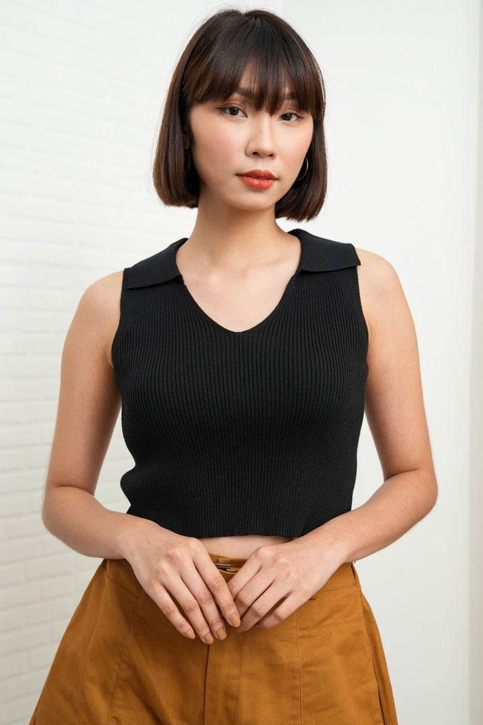GIGI Sleeveless Collared Rib-Knit Top (Black)