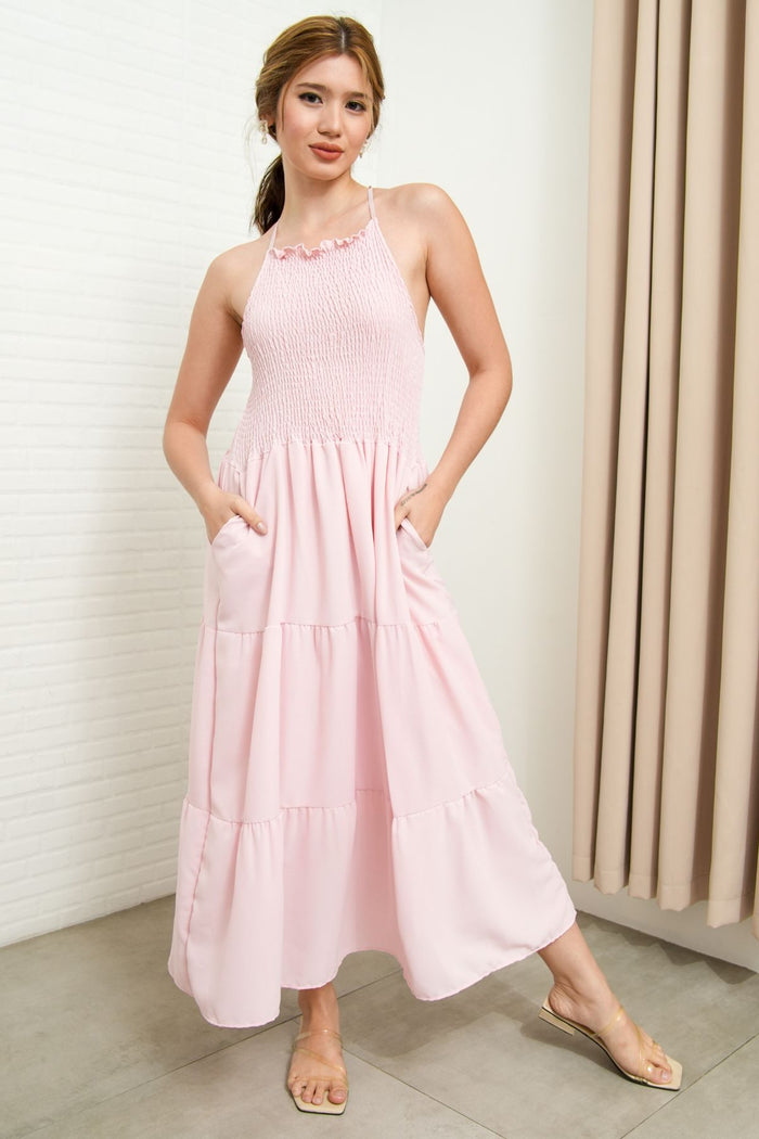 RAMONA Smocked Halter Criss-cross Back Dress (Light Pink)