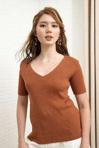VEDA V-Neck Rib-Knit Top (Russet Brown)