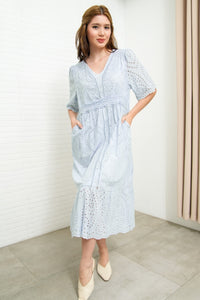CERYS V-Neck Flutter-Sleeve Eyelet Dress (Powder Blue)
