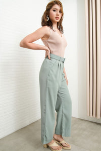 SASKIA Belted High-Waist Tailored Trousers (Sage Green)