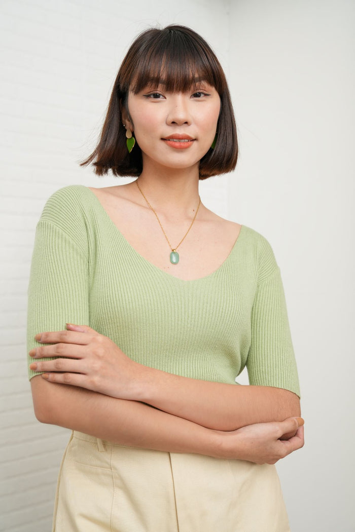 VEDA V-Neck Rib-Knit Top (Pistachio Green)